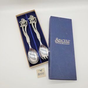 NIB Vintage 1994 Seagull Pewter Canada Sheffield England Iris Salad Serving Set